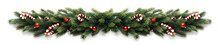 Christmas Border Frame Of Tree Branches With Red Balls, Pine Cones And Candies