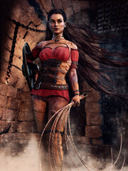 Wall Mural - Dark scene with a female elf fighter standing in a dungeon and holding a shield and a whip. 3D render - the woman in the image is a 3D object.