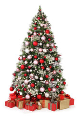 decorated christmas tree full of colored balls, decorations and many gift wrapped packages isolated 