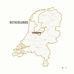 Wall Mural - Map of Netherlands with border, cities and capital Amsterdam. Each city has separately for your design. Vector Illustration