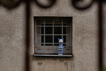 A fake cat is on the outside window of a building facing the street..