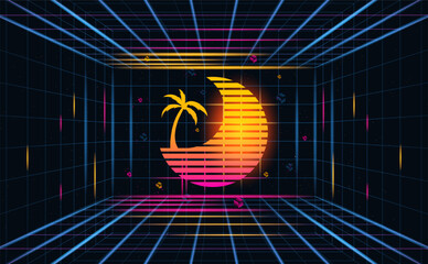 Futuristic grid sunset with coconut tree abstracts.Future theme concept background.vector and illustration