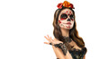 © Subbotina Anna - Sugar skull makeup. Halloween party, traditional Mexican carnival, Santa Muerte. Beautiful young woman costume, painted face. Isolated on white background