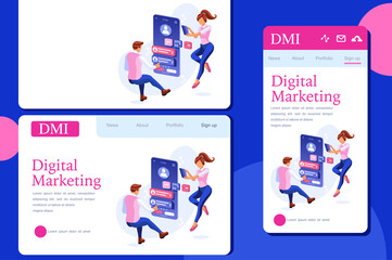  Man talking on smartphone gadget, network conversation with friend. Music gadget on cellphone man using gadget to talk. Music on smartphone, friend phone conversation, happy network collection Vector