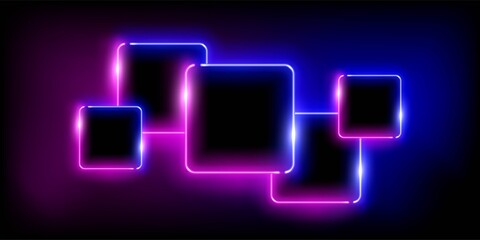 Glowing neon pink and blue squares set abstract background. Lines with electric light frames. Geometric fashion design vector illustration. Empty minimal shapes decoration on black with fog