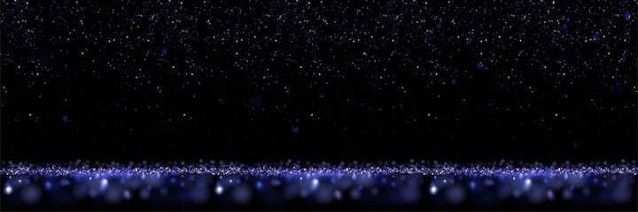 Wall Mural - Blue glitter abstract background. Shining sparkling particles of light. Modern bright neon vector illustration. Defocused glowing pattern with blurs. New year, merry xmas card, celebration night