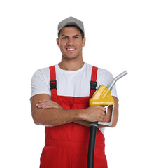 Gas station worker with fuel nozzle on white background