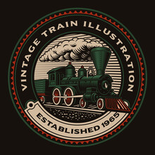 A Colorful Round Emblem With A Retro Train. This Design Can Also Be Used As A Shirt Print Or As A Logotype