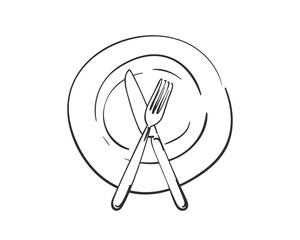 Fork and knife crossed on empty plate, Vector linear sketch top view cutlery isolated, Kitchen dining utensils, Hand drawn black line on white background