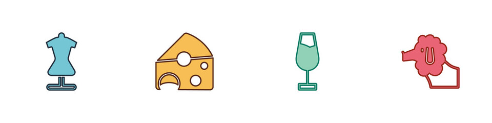 Poster - Set Mannequin, Cheese, Wine glass and Poodle dog icon. Vector.