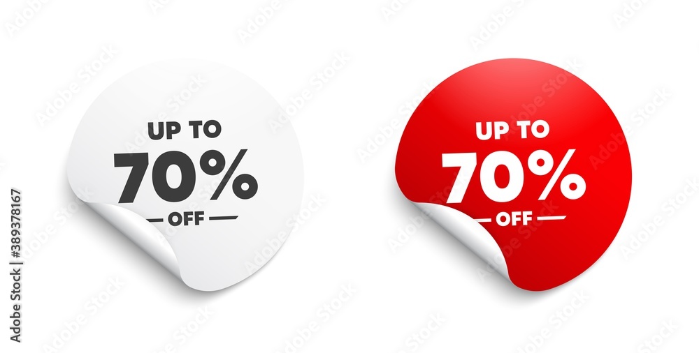 Up to 70% off Sale. Round sticker with offer message. Discount offer price sign. Special offer symbol. Save 70 percentages. Circle sticker mockup banner. Discount tag badge shape. Vector - obrazy, fototapety, plakaty 
