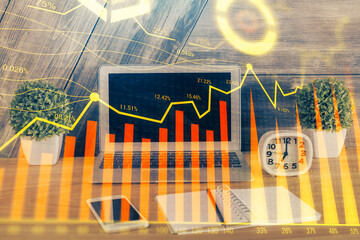 Multi exposure of graph and financial info and work space with computer background. Concept of international online trading.