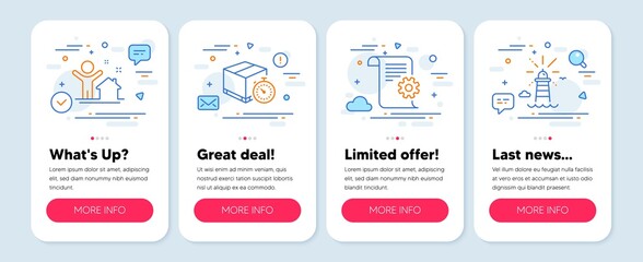 Poster - Set of Industrial icons, such as New house, Delivery timer, Technical documentation symbols. Mobile app mockup banners. Lighthouse line icons. Buying home, Express logistics, Manual. Vector