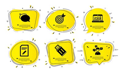 Poster - Talk bubble, Web analytics and Edit document icons simple set. Yellow speech bubbles with dotwork effect. Usb flash, Target and Conversation messages signs. Vector