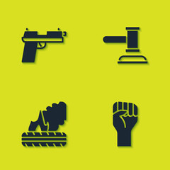 Canvas Print - Set Pistol or gun, Raised hand with clenched fist, Lying burning tires and Judge gavel icon. Vector.