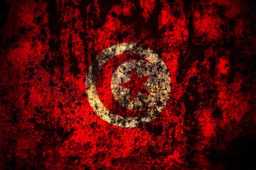 Tunisia flag on grunge metal background texture with scratches and cracks