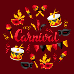 Wall Mural - Carnival party background with celebration icons, objects and decor.