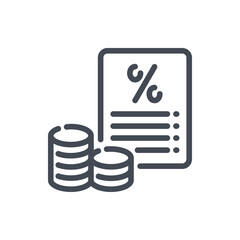 Poster - Credit and loan processing line icon. Financial document with percentage and stack of coins vector outline sign.