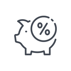 Poster - Piggy bank with percentage coin line icon. Savings, Investments and Profit vector outline sign.
