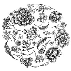 Wall Mural - Round floral design with black and white wax flower, forget me not flower, tansy, ardisia, brassica, decorative cabbage