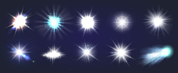 Wall Mural - Set of bright beautiful stars. Optical lens glowing flashlight effect. Light effect, bright star, light flare. Colorful sparkles shine light effect on transparent background – vector