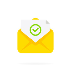 Opened envelope and document with green check mark icon. Approved tick marker, mail sent successfully, e-mail delivery, verification email. Vector flat cartoon illustration for web sites