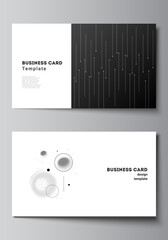 Vector layout of two creative business cards design templates, horizontal template vector design. Tech science future background, space design astronomy concept.