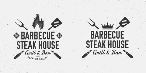 Barbecue, Steak House logo templates. Old vintage bbq logo with grunge texture, grill fork and spatula. Vector illustration