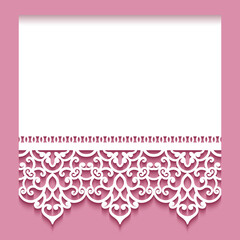 Wall Mural - Ornamental background with lace border pattern, cutout paper frame, ornate lacy decoration for greeting card or wedding invitation design. Place for text.