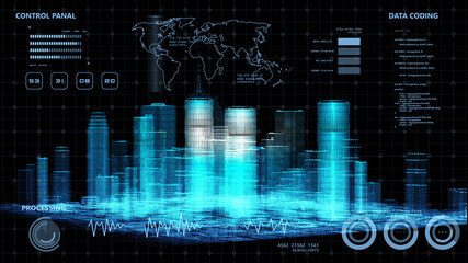 Wall Mural - Smart world technology digital smart city 3D architecture building hologram scan UI monitor screen HUD iot internet of thing artificial intelligence, security system tech futuristic background