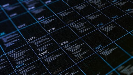 Poster - Table with computer code data. Animation. Informational table of computational codes and numerical results in cells. Computer codes in cells for calculation