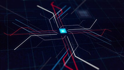 Poster - Computer diagram of moving networks of Internet. Animation. Centralized diagram with moving neon lines of computer system. Neural networks of Internet or computer