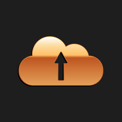 Poster - Gold Cloud upload icon isolated on black background. Long shadow style. Vector.