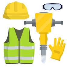 Clothing and tools worker and the Builder. Type of profession. Cartoon flat illustration. Kit items and objects. Green uniform, gloves, jackhammer, goggles, orange vest and helmet. industrial safety