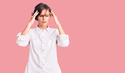 Sticker - Beautiful young woman with short hair wearing elegant white shirt with hand on head for pain in head because stress. suffering migraine.