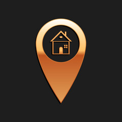 Poster - Gold Map pointer with house icon isolated on black background. Home location marker symbol. Long shadow style. Vector.
