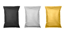 White, Black And Gold Pillow Bag Of Chips , Snacks Or Candys Top View. Isolated On A White Background.