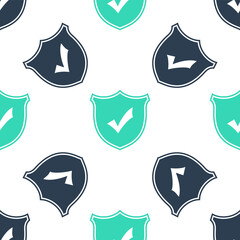Poster - Green Shield with check mark icon isolated seamless pattern on white background. Protection symbol. Security check Icon. Tick mark approved icon. Vector.
