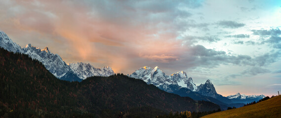 Wall Mural - mountain panorama at sunrise with alpine glow over the german alps