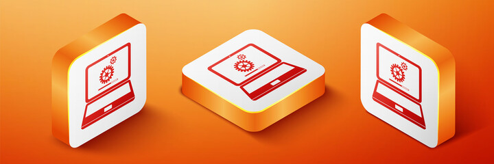 Poster - isometric laptop and gears icon isolated on orange background. adjusting app, service, setting optio
