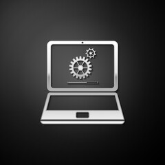 Poster - silver laptop and gears icon isolated on black background. adjusting app, service, setting options, 