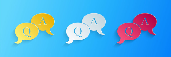Poster - paper cut question and answer mark in speech bubble icon isolated on blue background. q and a symbol