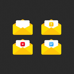 Poster - Opened envelope and document with check mark, cross mark and exclamation mark. Vector on isolated background. EPS 10