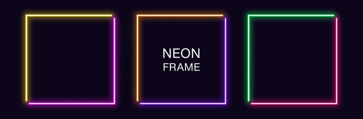 Wall Mural - Neon square Frame. Set of quadrate neon Border in 2 angular parts. Geometric shape