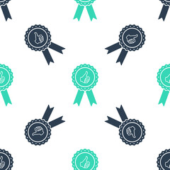 Poster - Green Thumbs up on medal badge with ribbons icon isolated seamless pattern on white background. Vector.