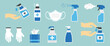 Hygiene hand spray, PPE icons, disinfect, mask, corona virus protection, antiseptic, sanitizer bottles, washing gel, antibacterial soap, gloves, napkins, personal protective equipment. Vector
