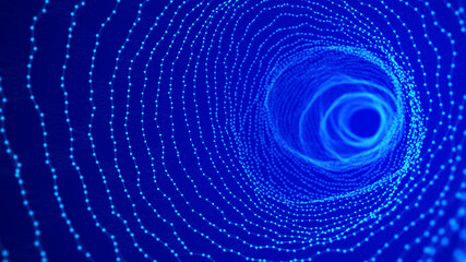 Poster - Abstract tunnel of dots. Abstract gradient dynamic wave of glowing particles. Network of neon dots. Big data. Digital background. 3D wormhole with a mesh structure. Vortex. 3d rendering