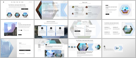 Sticker - Vector templates for website design, presentations, portfolio. Templates for presentation slides, flyer, leaflet, brochure cover, report. Corporate identity business concept background with hexagons.