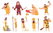 Primitive People In Stone Age Cartoon Icons Set With Cavemen Pelt With Weapon And Ancient Animals Isolated Illustration.
