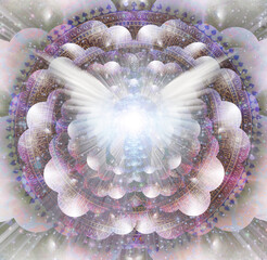 Wall Mural - shining wings and mans aura in a center of indian mandala. multi-layered spaces representing endless